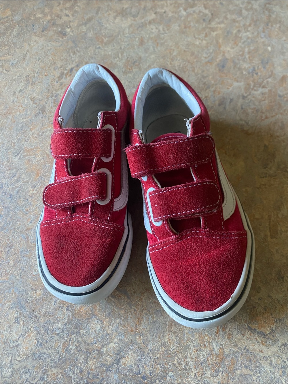 Vans Kids Red Suede Velcro Sneakers with White Side Stripe